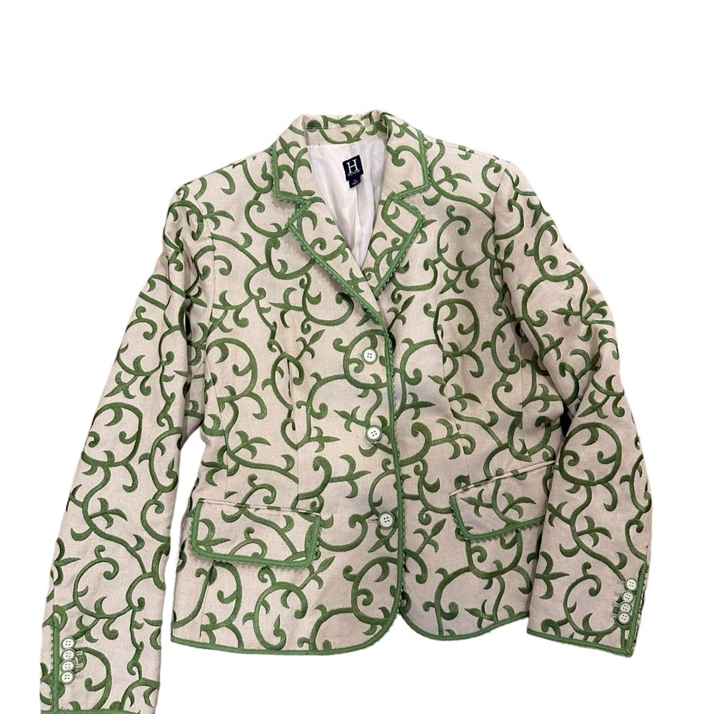 H. Hilfiger Ladies Embroidered Green Tan Linen Blend Blazer Jacket, size 14